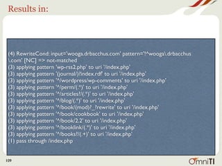 Results in:




 (4) RewriteCond: input='wooga.drbacchus.com' pattern='!^wooga.drbacchus
 .com' [NC] => not-matched
 (3) applying pattern 'wp-rss2.php' to uri '/index.php'
 (3) applying pattern '(journal/)?index.rdf' to uri '/index.php'
 (3) applying pattern '^/wordpress/wp-comments' to uri '/index.php'
 (3) applying pattern '^/perm/(.*)' to uri '/index.php'
 (3) applying pattern '^/articles?/(.*)' to uri '/index.php'
 (3) applying pattern '^/blog/(.*)' to uri '/index.php'
 (3) applying pattern '^/book/(mod)?_?rewrite' to uri '/index.php'
 (3) applying pattern '^/book/cookbook' to uri '/index.php'
 (3) applying pattern '^/book/2.2' to uri '/index.php'
 (3) applying pattern '^/booklink/(.*)' to uri '/index.php'
 (3) applying pattern '^/books?/(.+)' to uri '/index.php'
 (1) pass through /index.php


109
 