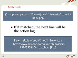 Matched?

      (3) applying pattern '^/book/(mod)?_?rewrite' to uri '/
                             index.php'


          • If it matched, the next line will be
             the action log

             RewriteRule ^/book/(mod)?_?rewrite 
            http://www.amazon.com/exec/obidos/asin/
                  1590595610/drbacchus/ [R,L]

122
 