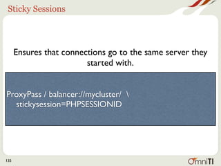 Sticky Sessions




      Ensures that connections go to the same server they
                         started with.


ProxyPass / balancer://mycluster/ 
  stickysession=PHPSESSIONID




135
 