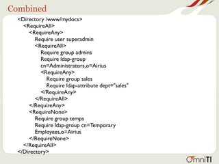 Combined
  <Directory /www/mydocs>
    <RequireAll>
      <RequireAny>
         Require user superadmin
         <RequireAll>
           Require group admins
           Require ldap-group
           cn=Administrators,o=Airius
           <RequireAny>
             Require group sales
             Require ldap-attribute dept="sales"
           </RequireAny>
         </RequireAll>
      </RequireAny>
      <RequireNone>
         Require group temps
         Require ldap-group cn=Temporary
         Employees,o=Airius
      </RequireNone>
    </RequireAll>
  </Directory>
 