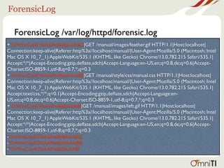 ForensicLog

   ForensicLog /var/log/httpd/forensic.log
+TlvWvsCoyKYAAAPmBy8AAABG|GET /manual/images/feather.gif HTTP/1.1|Host:localhost|
Connection:keep-alive|Referer:http%3a//localhost/manual/|User-Agent:Mozilla/5.0 (Macintosh; Intel
Mac OS X 10_7_1) AppleWebKit/535.1 (KHTML, like Gecko) Chrome/13.0.782.215 Safari/535.1|
Accept:*/*|Accept-Encoding:gzip,deﬂate,sdch|Accept-Language:en-US,en;q=0.8,de;q=0.6|Accept-
Charset:ISO-8859-1,utf-8;q=0.7,*;q=0.3
+TlvWvsCoyKYAAAPmBzAAAABB|GET /manual/style/css/manual.css HTTP/1.1|Host:localhost|
Connection:keep-alive|Referer:http%3a//localhost/manual/|User-Agent:Mozilla/5.0 (Macintosh; Intel
Mac OS X 10_7_1) AppleWebKit/535.1 (KHTML, like Gecko) Chrome/13.0.782.215 Safari/535.1|
Accept:text/css,*/*;q=0.1|Accept-Encoding:gzip,deﬂate,sdch|Accept-Language:en-
US,en;q=0.8,de;q=0.6|Accept-Charset:ISO-8859-1,utf-8;q=0.7,*;q=0.3
+TlvWvsCoyKYAAAPmBzEAAABI|GET /manual/images/left.gif HTTP/1.1|Host:localhost|
Connection:keep-alive|Referer:http%3a//localhost/manual/|User-Agent:Mozilla/5.0 (Macintosh; Intel
Mac OS X 10_7_1) AppleWebKit/535.1 (KHTML, like Gecko) Chrome/13.0.782.215 Safari/535.1|
Accept:*/*|Accept-Encoding:gzip,deﬂate,sdch|Accept-Language:en-US,en;q=0.8,de;q=0.6|Accept-
Charset:ISO-8859-1,utf-8;q=0.7,*;q=0.3
-TlvWvsCoyKYAAAPmBy8AAABG
-TlvWvsCoyKYAAAPmBzAAAABB
-TlvWvsCoyKYAAAPmBzEAAABI
 