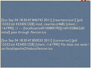 [Sun Sep 04 18:30:47.846743 2011] [rewrite:trace1] [pid
15332:tid 4334051328] mod_rewrite.c(468): [client ::
1:61990] ::1 - - [localhost/sid#10080f190][rid#10286b2a0/
initial] pass through /favicon.ico

[Sun Sep 04 18:30:47.850033 2011] [core:error] [pid
15332:tid 4334051328] [client ::1:61990] File does not exist: /
usr/local/apache2/htdocs/favicon.ico
 