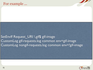 For example ...




SetEnvIf Request_URI .gif$ gif-image
CustomLog gif-requests.log common env=gif-image
CustomLog nongif-requests.log common env=!gif-image




 72
 