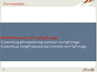 For example ...




SetEnvIf Request_URI .gif$ gif-image
CustomLog gif-requests.log common env=gif-image
CustomLog nongif-requests.log common env=!gif-image




 73
 