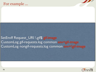 For example ...




SetEnvIf Request_URI .gif$ gif-image
CustomLog gif-requests.log common env=gif-image
CustomLog nongif-requests.log common env=!gif-image




 74
 