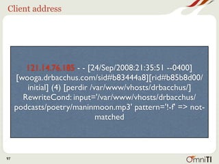 Client address




        121.14.76.185 - - [24/Sep/2008:21:35:51 --0400]
     [wooga.drbacchus.com/sid#b83444a8][rid#b85b8d00/
        initial] (4) [perdir /var/www/vhosts/drbacchus/]
       RewriteCond: input='/var/www/vhosts/drbacchus/
     podcasts/poetry/maninmoon.mp3' pattern='!-f' => not-
                               matched



97
 
