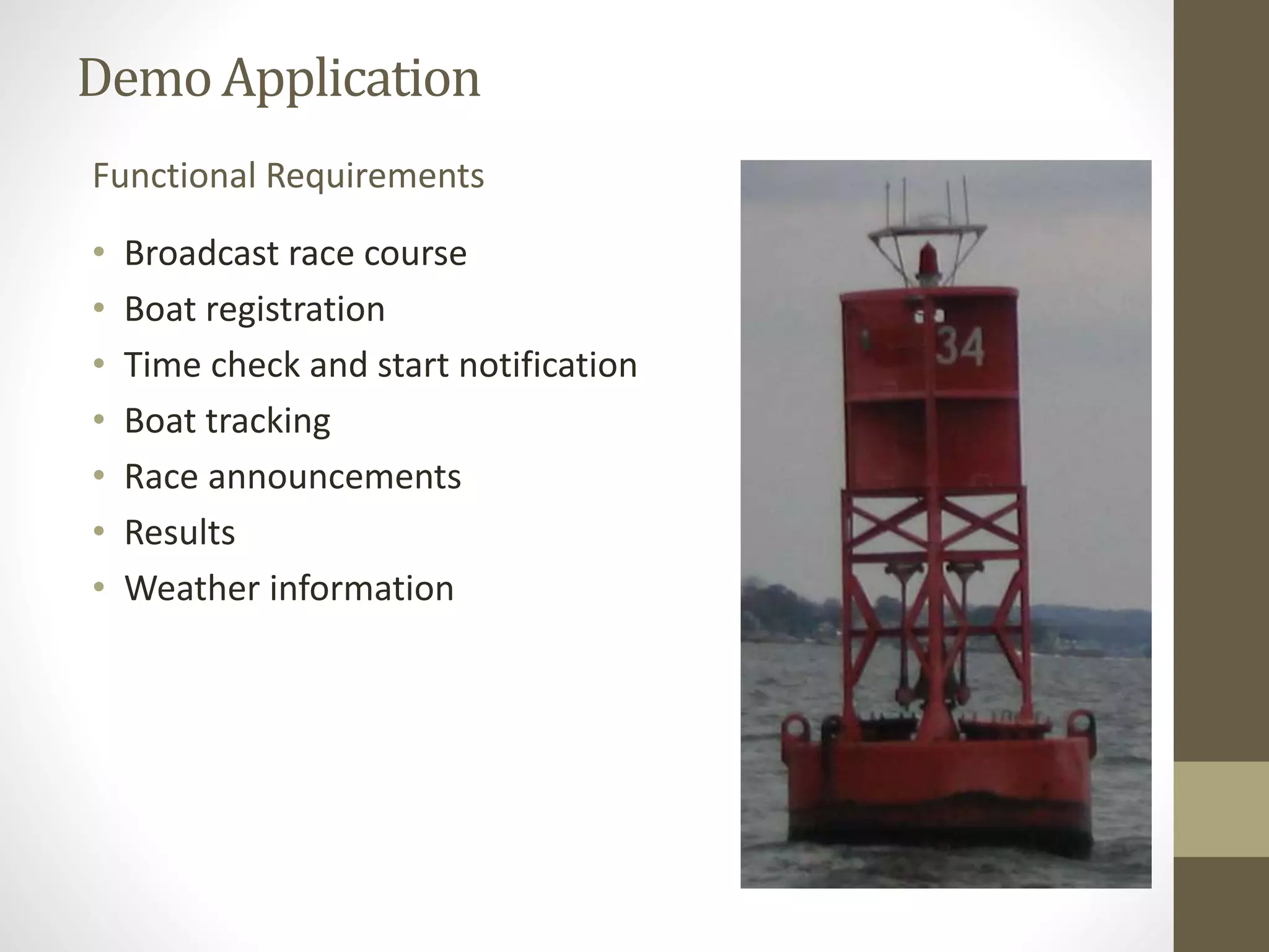 DemoApplication
• Broadcast race course
• Boat registration
• Time check and start notification
• Boat tracking
• Race announcements
• Results
• Weather information
Functional Requirements
 