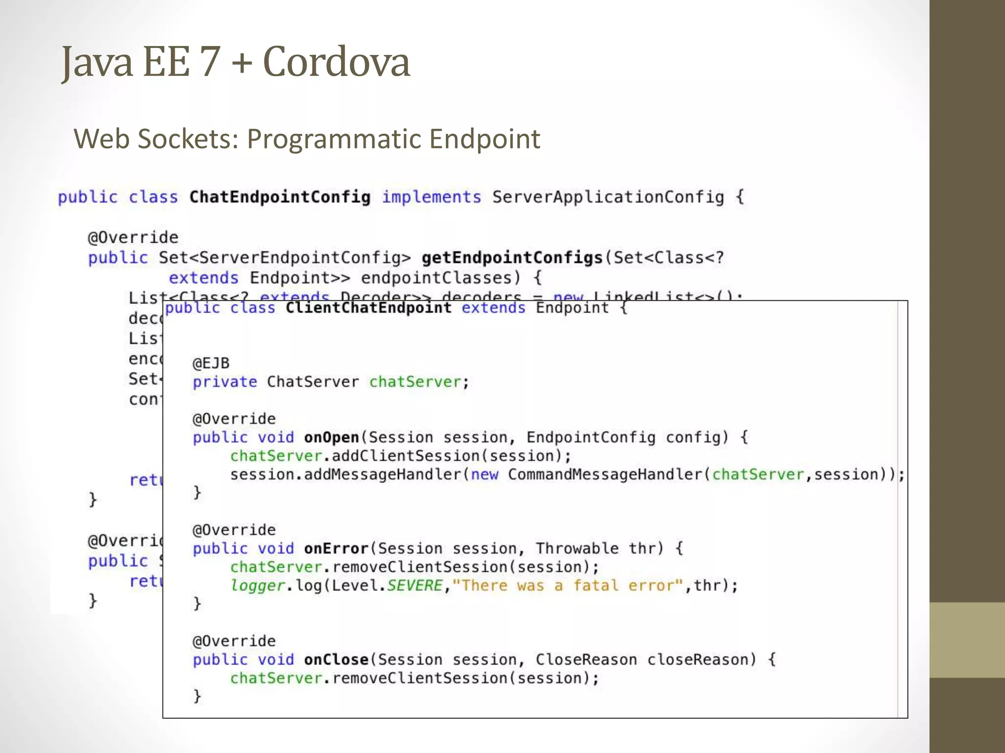 Java EE7 + Cordova
Web Sockets: Programmatic Endpoint
 