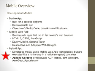 MobileOverview
• Native App
• Built for a specific platform
• Downloadable app
• Objective-C/Swift/xCode, Java/Android Studio etc.
• Mobile Web App
• Service side apps that run in the device’s web browser
• HTML 5, CSS3, JavaScript
• jQuery Mobile, Sencha Touch
• Responsive and Adaptive Web Designs
• Hybrid App
• Developed mostly using Mobile Web App technologies, but are
executed like a native app in a native (wrapper) container
• Apache Cordova (PhoneGap), ADF Mobile, IBM Worklight,
AeroGear, Appcelerator
Development Models
 