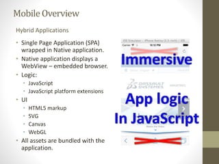 MobileOverview
• Single Page Application (SPA)
wrapped in Native application.
• Native application displays a
WebView – embedded browser.
• Logic:
• JavaScript
• JavaScript platform extensions
• UI
• HTML5 markup
• SVG
• Canvas
• WebGL
• All assets are bundled with the
application.
Hybrid Applications
 