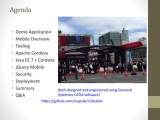 Agenda
• Demo Application
• Mobile Overview
• Tooling
• Apache Cordova
• Java EE 7 + Cordova
• jQuery Mobile
• Security
• Deployment
• Summary
• Q&A
https://github.com/rcuprak/n34sailor
Both designed and engineered using Dassault
Systèmes CATIA software!
 