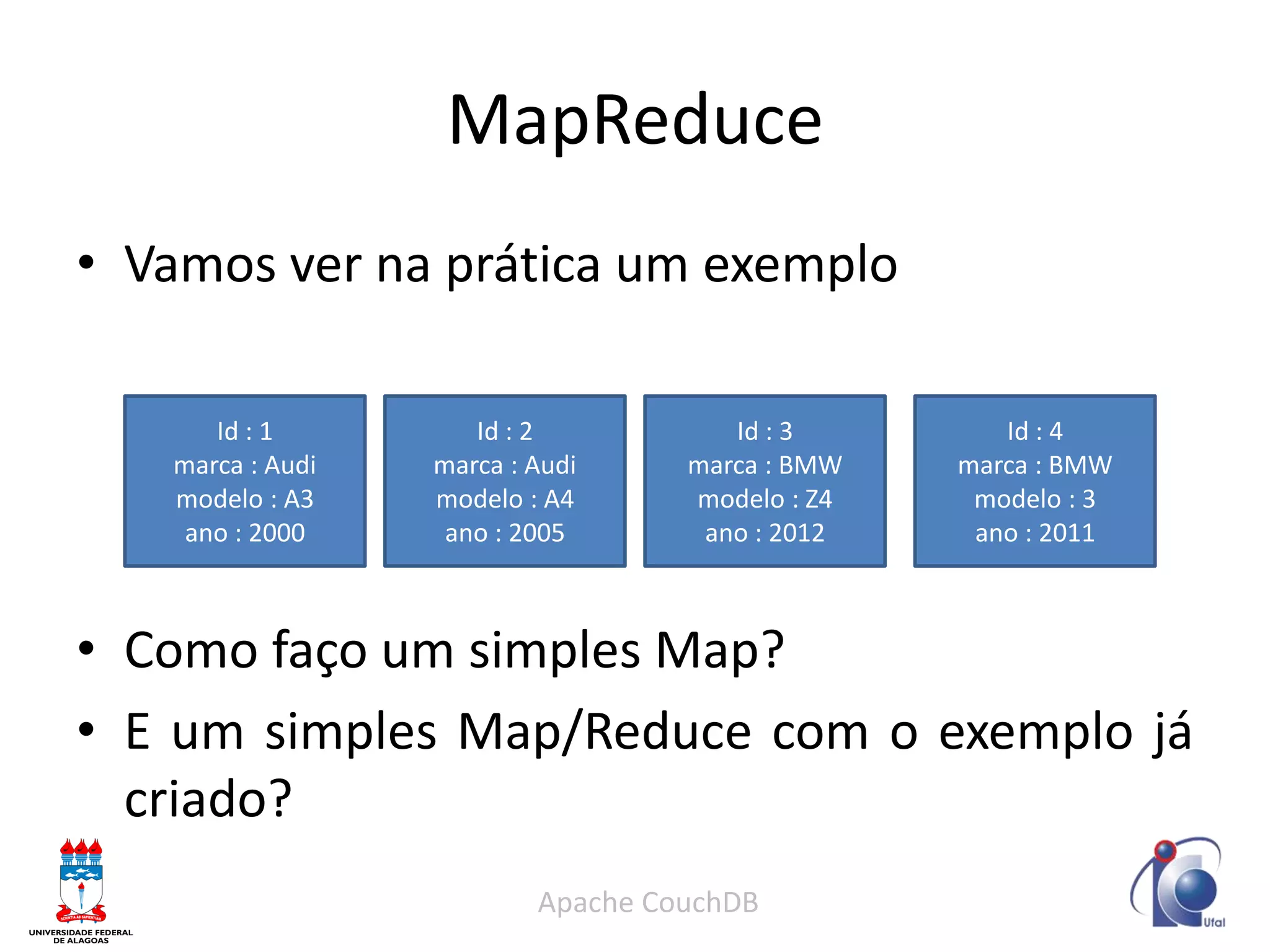 MapReduce 
•Vamos ver na prática um exemplo 
•Como faço um simples Map? 
•E um simples Map/Reduce com o exemplo já criado? 
Apache CouchDB 
Id : 1 
marca : Audi 
modelo : A3 
ano : 2000 
Id : 2 
marca : Audi 
modelo : A4 
ano : 2005 
Id : 3 marca : BMW modelo : Z4 ano : 2012 
Id : 4 
marca : BMW 
modelo : 3 
ano : 2011  
