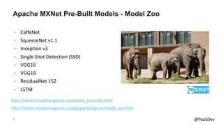 18 @PaaSDev
Apache MXNet Pre-Built Models - Model Zoo
• CaffeNet
• SqueezeNet v1.1
• Inception v3
• Single Shot Detection (SSD)
• VGG16
• VGG19
• ResidualNet 152
• LSTM
http://mxnet.incubator.apache.org/model_zoo/index.html
http://mxnet.incubator.apache.org/api/python/gluon/model_zoo.html
 