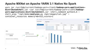 33 @PaaSDev
Apache MXNet on Apache YARN 3.1 Native No Spark
yarn jar /usr/hdp/current/hadoop-yarn-client/hadoop-yarn-applications-
distributedshell.jar -jar /usr/hdp/current/hadoop-yarn-client/hadoop-
yarn-applications-distributedshell.jar -shell_command python3.6 -
shell_args "/opt/demo/analyzex.py /opt/images/cat.jpg" -
container_resources memory-mb=512,vcores=1
Uses: Python Any
 