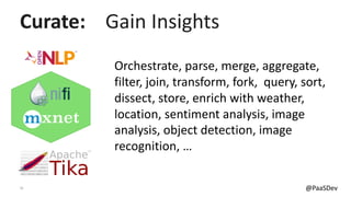 11 @PaaSDev
Orchestrate, parse, merge, aggregate,
filter, join, transform, fork, query, sort,
dissect, store, enrich with weather,
location, sentiment analysis, image
analysis, object detection, image
recognition, …
Curate: Gain Insights
 