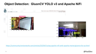 18 @PaaSDev
Object Detection: GluonCV YOLO v3 and Apache NiFi
https://community.hortonworks.com/articles/222367/using-apac...