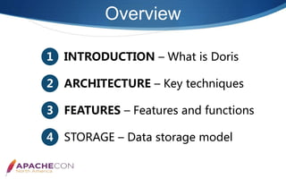 Overview
2 ARCHITECTURE – Key techniques
3 FEATURES – Features and functions
4 STORAGE – Data storage model
1 INTRODUCTION – What is Doris
 