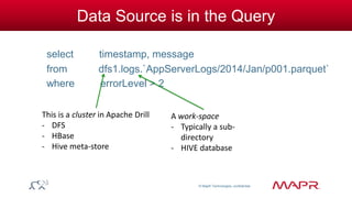© MapR Technologies, confidential 
Data Source is in the Query 
select timestamp, message 
from dfs1.logs.`AppServerLogs/2014/Jan/p001.parquet` 
where errorLevel > 2 
This is a cluster in Apache Drill 
- DFS 
- HBase 
- Hive meta-store 
A work-space 
- Typically a sub-directory 
- HIVE database 
 