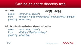 © MapR Technologies, confidential 
Can be an entire directory tree 
// On a file 
select errorLevel, count(*) 
from dfs.logs.`/AppServerLogs/2014/Jan/part0001.parquet` 
group by errorLevel; 
// On the entire data collection: all years, all months 
select errorLevel, count(*) 
from dfs.logs.`/AppServerLogs` 
group by errorLevel 
dirs[1] dirs[2] 
 