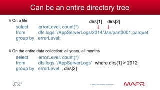 © MapR Technologies, confidential 
Can be an entire directory tree 
// On a file 
select errorLevel, count(*) 
from dfs.logs.`/AppServerLogs/2014/Jan/part0001.parquet` 
group by errorLevel; 
// On the entire data collection: all years, all months 
select errorLevel, count(*) 
from dfs.logs.`/AppServerLogs` 
group by errorLevel 
where dirs[1] > 2012 
, dirs[2] 
dirs[1] dirs[2] 
 