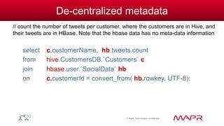 © MapR Technologies, confidential 
De-centralized metadata 
// count the number of tweets per customer, where the customers are in Hive, and 
their tweets are in HBase. Note that the hbase data has no meta-data information 
select c.customerName, hb.tweets.count 
from hive.CustomersDB.`Customers` c 
join hbase.user.`SocialData` hb 
on c.customerId = convert_from( hb.rowkey, UTF-8); 
 