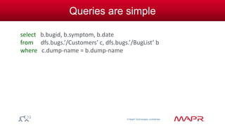 © MapR Technologies, confidential 
Queries are simple 
select b.bugid, b.symptom, b.date 
from dfs.bugs.’/Customers’ c, dfs.bugs.’/BugList’ b 
where c.dump-name = b.dump-name 
 