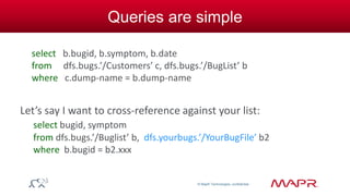 © MapR Technologies, confidential 
Queries are simple 
select b.bugid, b.symptom, b.date 
from dfs.bugs.’/Customers’ c, dfs.bugs.’/BugList’ b 
where c.dump-name = b.dump-name 
Let’s say I want to cross-reference against your list: 
select bugid, symptom 
from dfs.bugs.’/Buglist’ b, dfs.yourbugs.’/YourBugFile’ b2 
where b.bugid = b2.xxx 
 