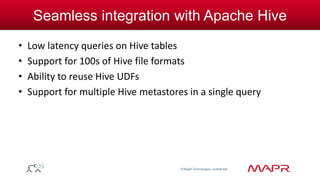 © MapR Technologies, confidential 
Seamless integration with Apache Hive 
• Low latency queries on Hive tables 
• Support for 100s of Hive file formats 
• Ability to reuse Hive UDFs 
• Support for multiple Hive metastores in a single query 
 