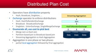 © MapR Technologies, confidential 
Distributed Plan Cost 
• Operators have distribution property 
• Hash, Broadcast, Singleton, … 
• Exchange operator to enforce distributions 
• Hash: HashToRandomExchange 
• Broadcast: BroadcastExchange 
• Singleton: UnionExchange, SingleMergeExchange 
• Enumerate all, use cost to pick best 
• Merge Join vs Hash Join 
• Partition-based join vs Broadcast-based join 
• Streaming Aggregation vs Hash Aggregation 
• Aggregation in one phase or two phases 
• partial local aggregation followed by final aggregation 
HashToRandomExchange 
Sort 
Streaming-Aggregation 
Data Data Data 
 