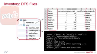 ®
© 2014 MapR Technologies 12
{	
  
	
  	
  "votes":	
  {"funny":	
  0,	
  "useful":	
  2,	
  "cool":	
  1},	
  
	
  	
  "user_id":	
  "Xqd0DzHaiyRqVH3WRG7hzg",	
  
	
  	
  "review_id":	
  "15SdjuK7DmYqUAj6rjGowg",	
  
	
  	
  "stars":	
  5,	
  
	
  	
  "date":	
  "2007-­‐05-­‐17",	
  
	
  	
  "text":	
  "dr.	
  goldberg	
  offers	
  everything	
  ...",	
  
	
  	
  "type":	
  "review",	
  
	
  	
  "business_id":	
  "vcNAWiLM4dR7D2nwwJ7nCA"	
  
}	
  
Inventory: DFS Files
 