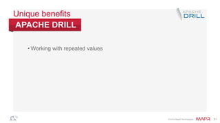 ®
© 2014 MapR Technologies 21
• Working with repeated values
APACHE DRILL
Unique benefits
 