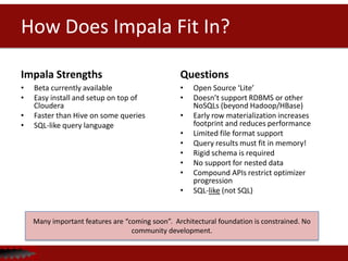How Does Impala Fit In?

Impala Strengths                                 Questions
•   Beta currently available                     •   Open Source ‘Lite’
•   Easy install and setup on top of             •   Doesn’t support RDBMS or other
    Cloudera                                         NoSQLs (beyond Hadoop/HBase)
•   Faster than Hive on some queries             •   Early row materialization increases
•   SQL-like query language                          footprint and reduces performance
                                                 •   Limited file format support
                                                 •   Query results must fit in memory!
                                                 •   Rigid schema is required
                                                 •   No support for nested data
                                                 •   Compound APIs restrict optimizer
                                                     progression
                                                 •   SQL-like (not SQL)


    Many important features are “coming soon”. Architectural foundation is constrained. No
                                  community development.
 