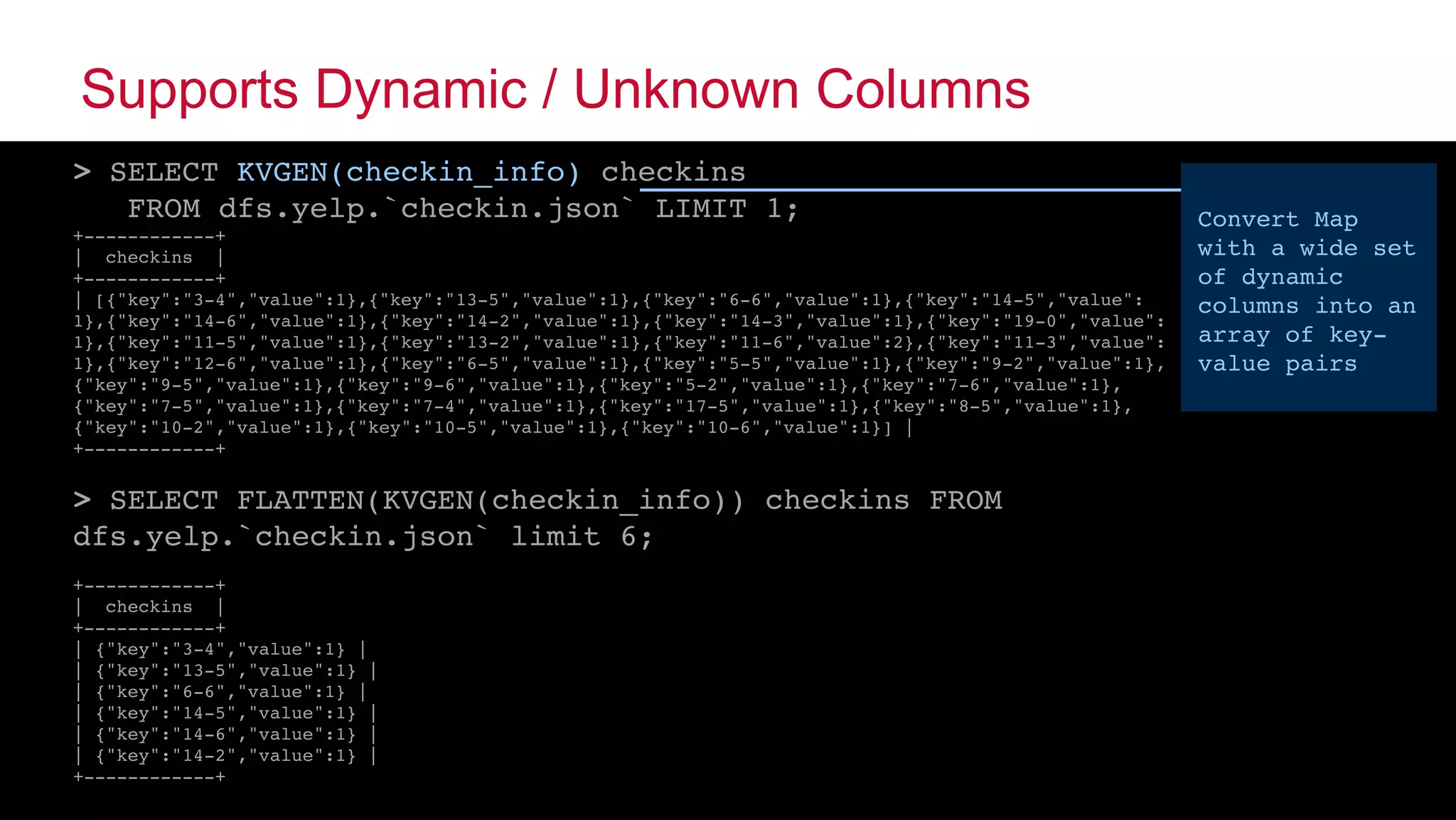 © 2015 MapR Technologies ‹#›@tgrall
Supports Dynamic / Unknown Columns
> SELECT KVGEN(checkin_info) checkins
FROM dfs.yelp.`checkin.json` LIMIT 1;
+------------+
| checkins |
+------------+
| [{"key":"3-4","value":1},{"key":"13-5","value":1},{"key":"6-6","value":1},{"key":"14-5","value":
1},{"key":"14-6","value":1},{"key":"14-2","value":1},{"key":"14-3","value":1},{"key":"19-0","value":
1},{"key":"11-5","value":1},{"key":"13-2","value":1},{"key":"11-6","value":2},{"key":"11-3","value":
1},{"key":"12-6","value":1},{"key":"6-5","value":1},{"key":"5-5","value":1},{"key":"9-2","value":1},
{"key":"9-5","value":1},{"key":"9-6","value":1},{"key":"5-2","value":1},{"key":"7-6","value":1},
{"key":"7-5","value":1},{"key":"7-4","value":1},{"key":"17-5","value":1},{"key":"8-5","value":1},
{"key":"10-2","value":1},{"key":"10-5","value":1},{"key":"10-6","value":1}] |
+------------+
> SELECT FLATTEN(KVGEN(checkin_info)) checkins FROM
dfs.yelp.`checkin.json` limit 6;
+------------+
| checkins |
+------------+
| {"key":"3-4","value":1} |
| {"key":"13-5","value":1} |
| {"key":"6-6","value":1} |
| {"key":"14-5","value":1} |
| {"key":"14-6","value":1} |
| {"key":"14-2","value":1} |
+------------+
Convert Map
with a wide set
of dynamic
columns into an
array of key-
value pairs
 