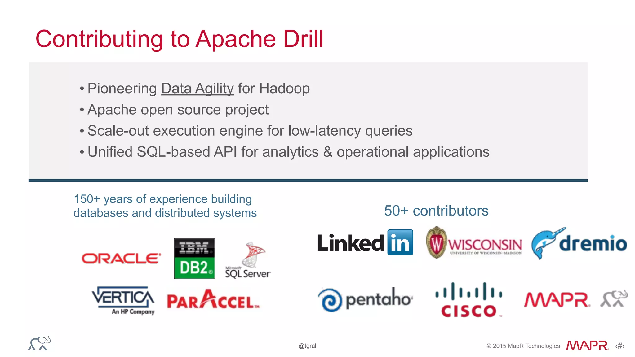 © 2015 MapR Technologies ‹#›@tgrall
• Pioneering Data Agility for Hadoop
• Apache open source project
• Scale-out execution engine for low-latency queries
• Unified SQL-based API for analytics & operational applications
50+ contributors
150+ years of experience building
databases and distributed systems
Contributing to Apache Drill
 