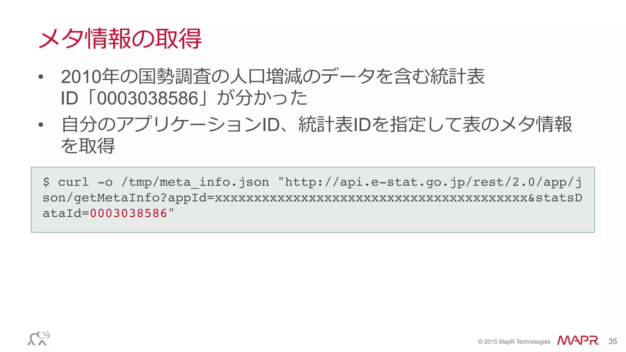 ®
© 2015 MapR Technologies 35
メタ情報の取得
•  2010年年の国勢調査の⼈人⼝口増減のデータを含む統計表
ID「0003038586」が分かった
•  ⾃自分のアプリケーションID、統計表IDを指定して表のメタ情報
を取得
$ curl -o /tmp/meta_info.json "http://api.e-stat.go.jp/rest/2.0/app/j
son/getMetaInfo?appId=xxxxxxxxxxxxxxxxxxxxxxxxxxxxxxxxxxxxxxxx&statsD
ataId=0003038586"	
 