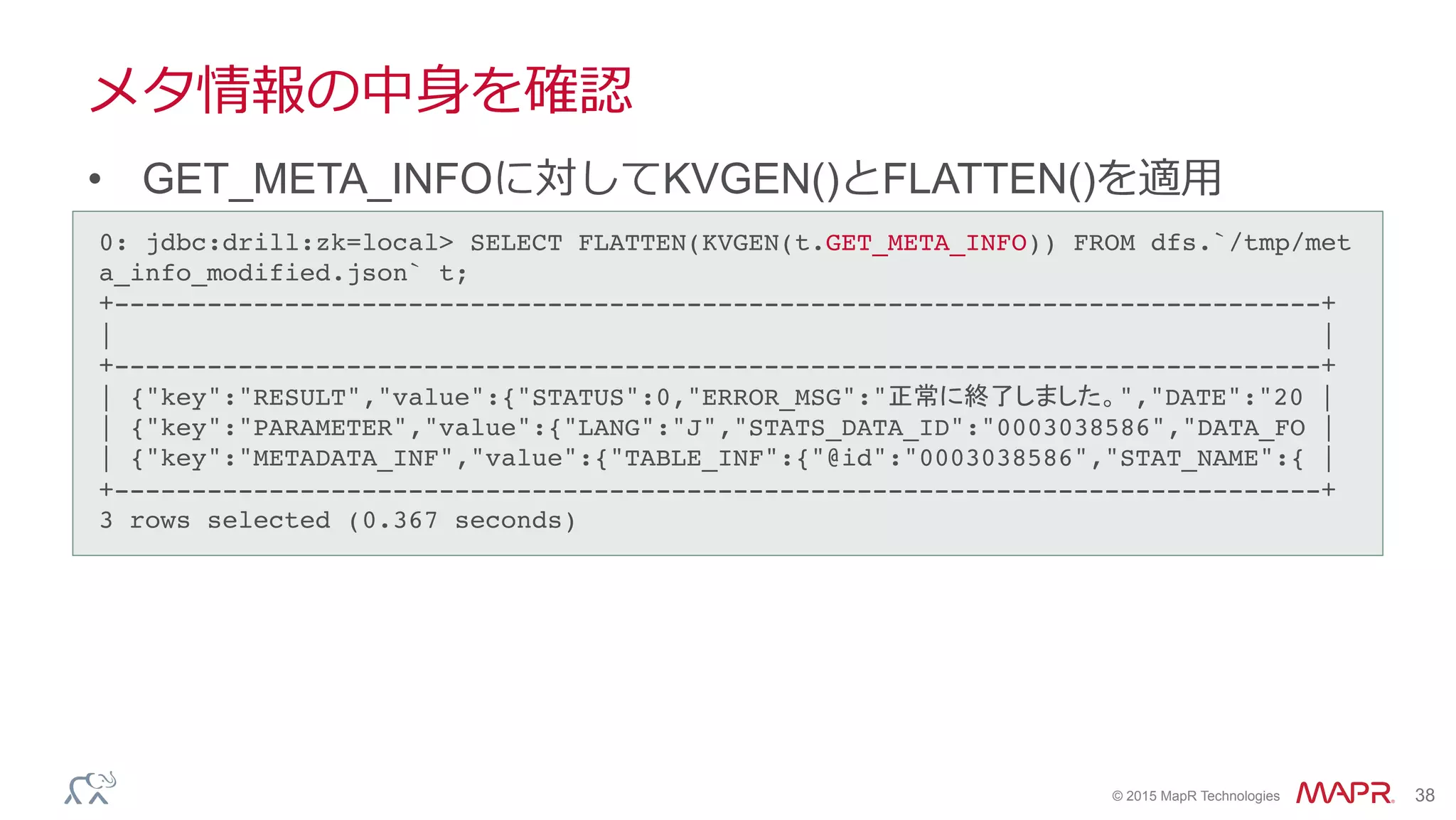 ®
© 2015 MapR Technologies 38
メタ情報の中⾝身を確認
•  GET_META_INFOに対してKVGEN()とFLATTEN()を適⽤用
0: jdbc:drill:zk=local> SELECT FLATTEN(KVGEN(t.GET_META_INFO)) FROM dfs.`/tmp/met
a_info_modified.json` t;!
+------------------------------------------------------------------------------+!
| |!
+------------------------------------------------------------------------------+!
| {"key":"RESULT","value":{"STATUS":0,"ERROR_MSG":"正常に終了しました。","DATE":"20 |!
| {"key":"PARAMETER","value":{"LANG":"J","STATS_DATA_ID":"0003038586","DATA_FO |!
| {"key":"METADATA_INF","value":{"TABLE_INF":{"@id":"0003038586","STAT_NAME":{ |!
+------------------------------------------------------------------------------+!
3 rows selected (0.367 seconds)!
 