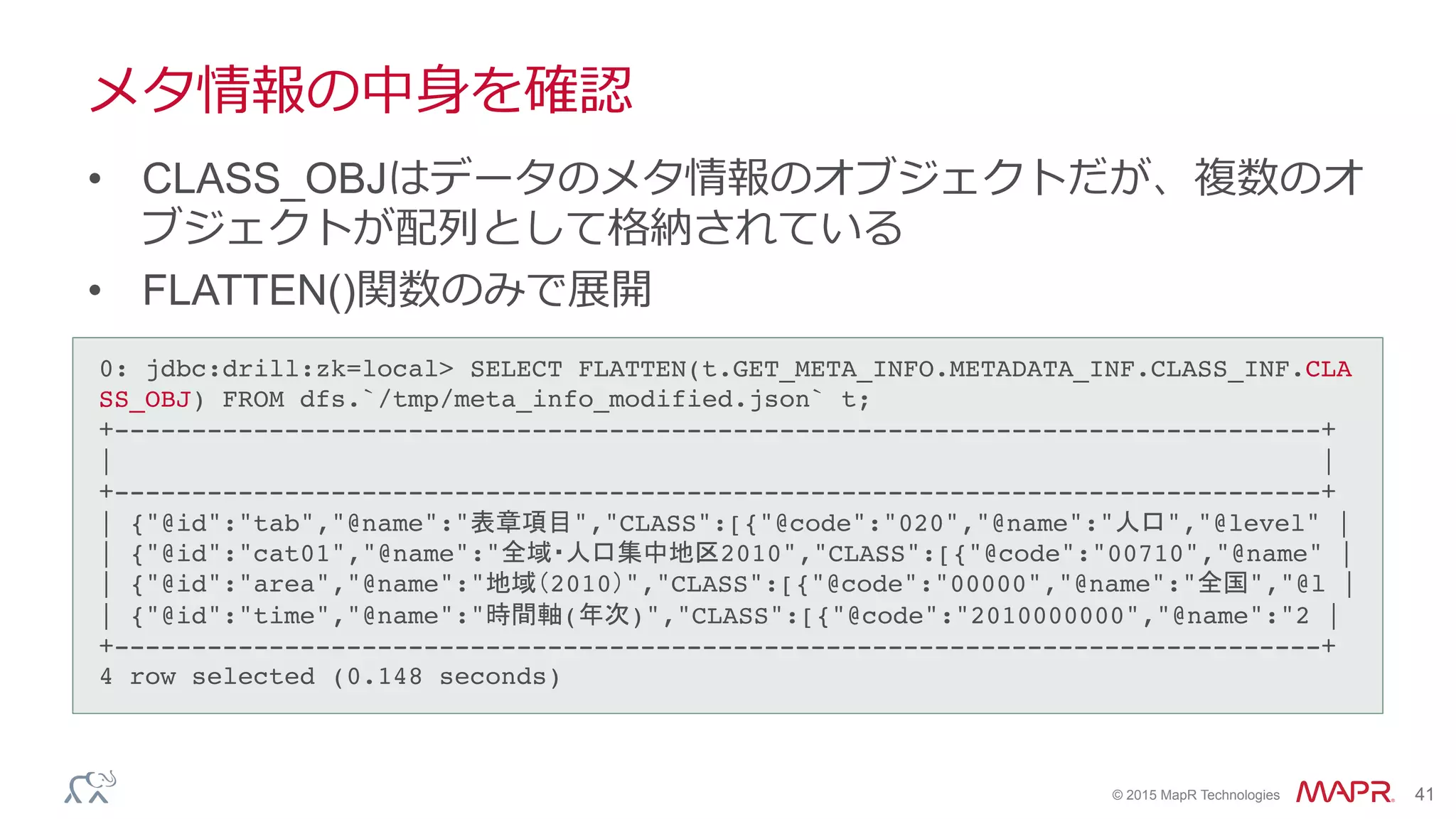 ®
© 2015 MapR Technologies 41
メタ情報の中⾝身を確認
•  CLASS_OBJはデータのメタ情報のオブジェクトだが、複数のオ
ブジェクトが配列列として格納されている
•  FLATTEN()関数のみで展開
0: jdbc:drill:zk=local> SELECT FLATTEN(t.GET_META_INFO.METADATA_INF.CLASS_INF.CLA
SS_OBJ) FROM dfs.`/tmp/meta_info_modified.json` t;!
+------------------------------------------------------------------------------+!
| |!
+------------------------------------------------------------------------------+!
| {"@id":"tab","@name":"表章項目","CLASS":[{"@code":"020","@name":"人口","@level" |!
| {"@id":"cat01","@name":"全域・人口集中地区2010","CLASS":[{"@code":"00710","@name" |!
| {"@id":"area","@name":"地域（2010）","CLASS":[{"@code":"00000","@name":"全国","@l |!
| {"@id":"time","@name":"時間軸(年次)","CLASS":[{"@code":"2010000000","@name":"2 |!
+------------------------------------------------------------------------------+!
4 row selected (0.148 seconds)!
 