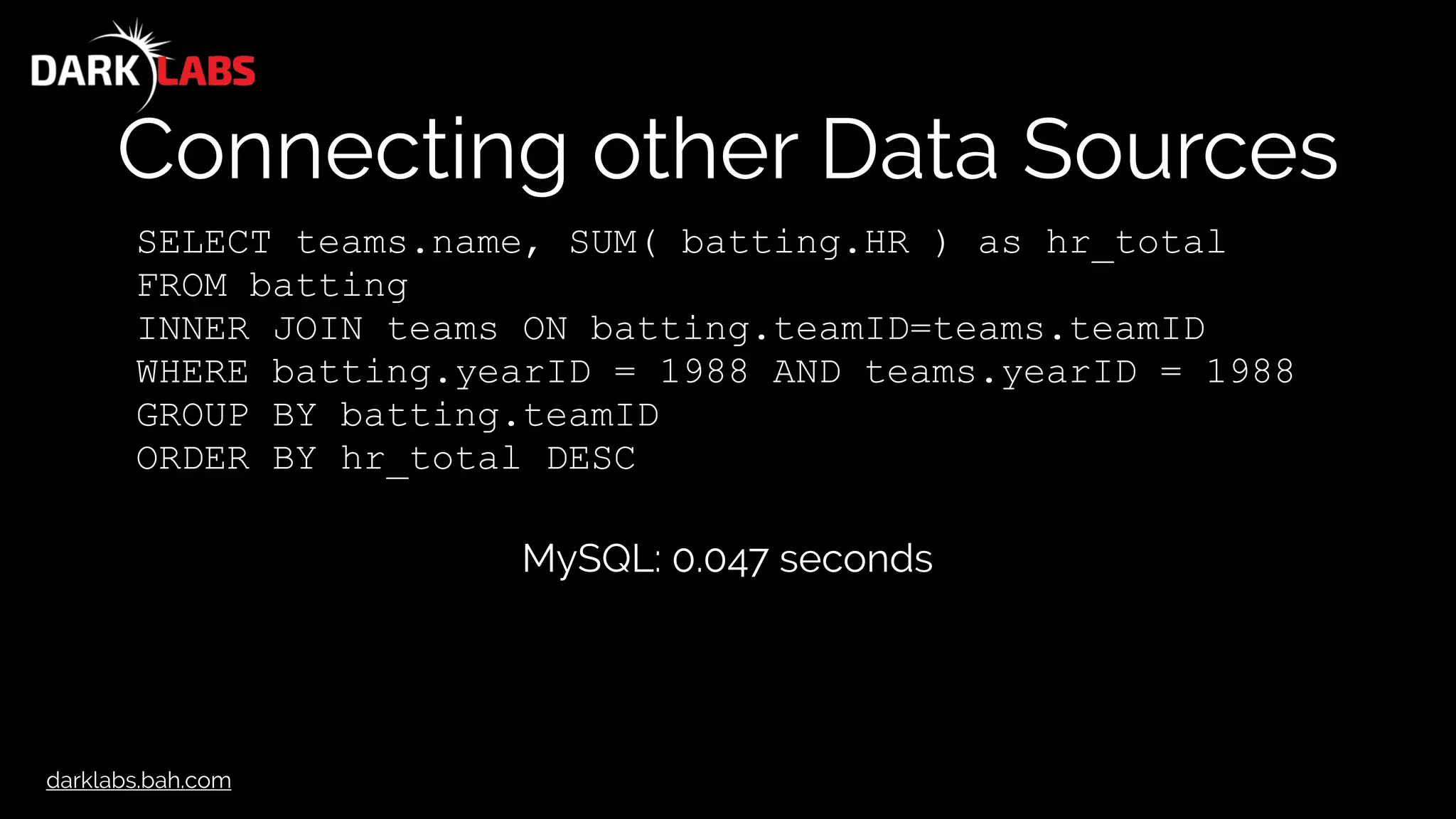 darklabs.bah.com
Connecting other Data Sources
SELECT teams.name, SUM( batting.HR ) as hr_total
FROM batting
INNER JOIN teams ON batting.teamID=teams.teamID
WHERE batting.yearID = 1988 AND teams.yearID = 1988
GROUP BY batting.teamID
ORDER BY hr_total DESC
MySQL: 0.047 seconds
 