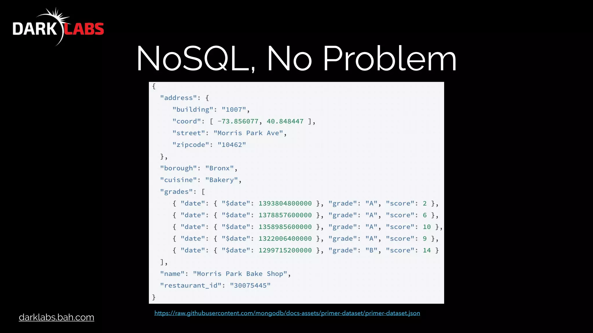 darklabs.bah.com
NoSQL, No Problem
https://raw.githubusercontent.com/mongodb/docs-assets/primer-dataset/primer-dataset.json
 