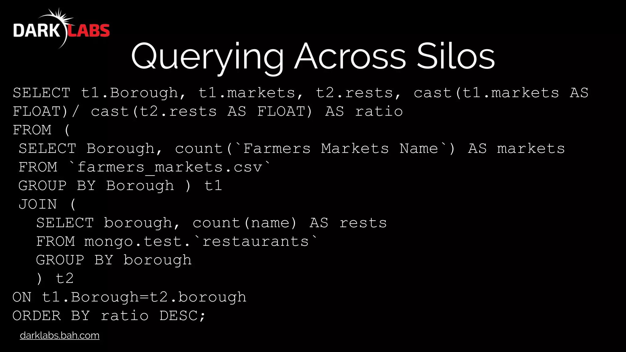 darklabs.bah.com
Querying Across Silos
SELECT t1.Borough, t1.markets, t2.rests, cast(t1.markets AS
FLOAT)/ cast(t2.rests AS FLOAT) AS ratio
FROM (
SELECT Borough, count(`Farmers Markets Name`) AS markets
FROM `farmers_markets.csv`
GROUP BY Borough ) t1
JOIN (
SELECT borough, count(name) AS rests
FROM mongo.test.`restaurants`
GROUP BY borough
) t2
ON t1.Borough=t2.borough
ORDER BY ratio DESC;
 