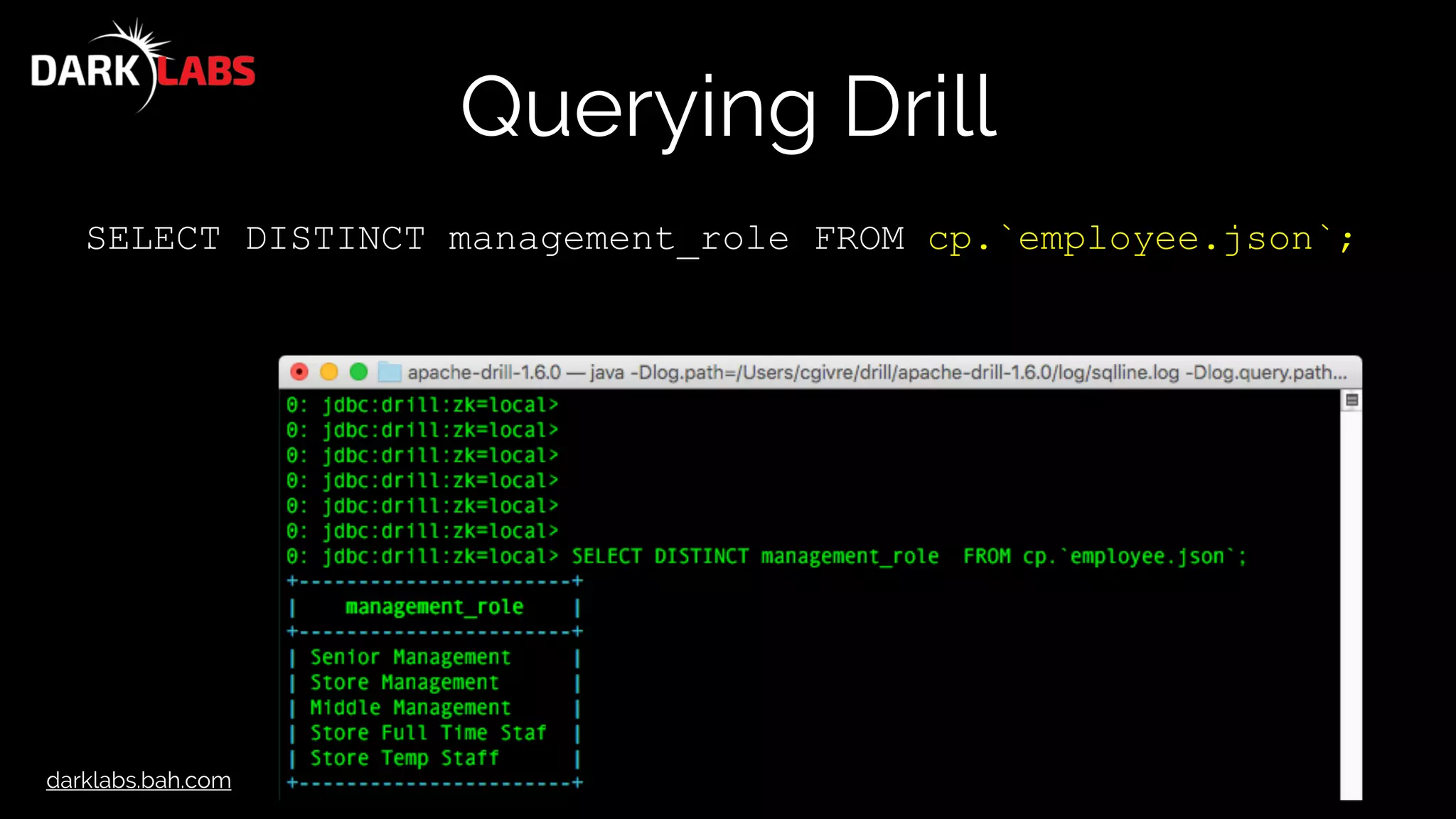 darklabs.bah.com
Querying Drill
SELECT DISTINCT management_role FROM cp.`employee.json`;
 