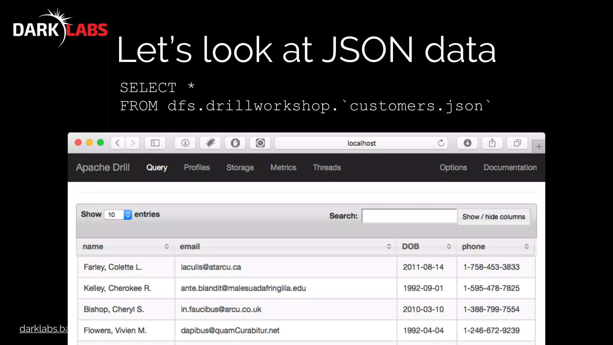 darklabs.bah.com
Let’s look at JSON data
SELECT *
FROM dfs.drillworkshop.`customers.json`
 