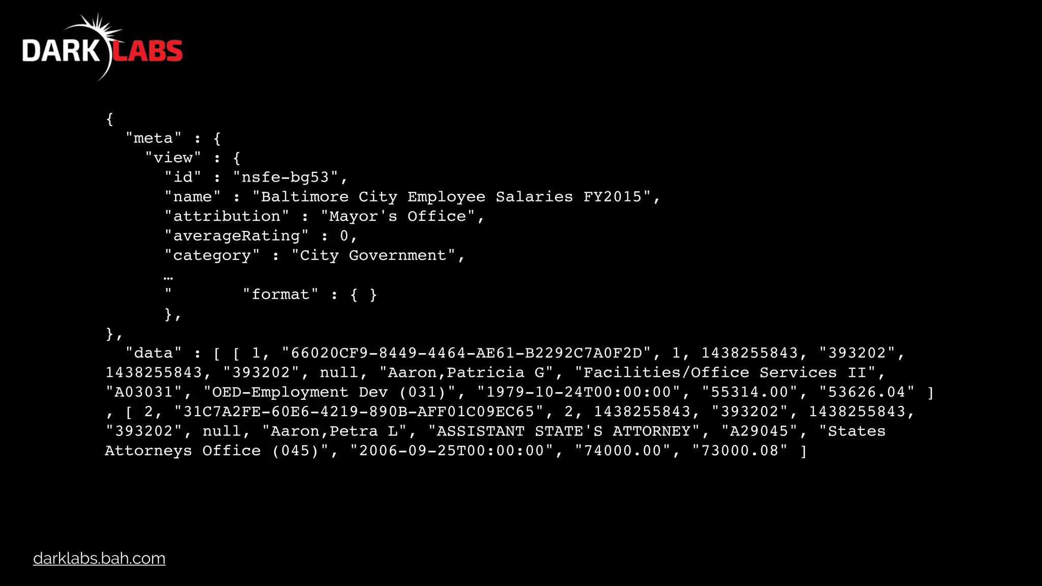 darklabs.bah.com
{
"meta" : {
"view" : {
"id" : "nsfe-bg53",
"name" : "Baltimore City Employee Salaries FY2015",
"attribution" : "Mayor's Office",
"averageRating" : 0,
"category" : "City Government",
…
" "format" : { }
},
},
"data" : [ [ 1, "66020CF9-8449-4464-AE61-B2292C7A0F2D", 1, 1438255843, "393202",
1438255843, "393202", null, "Aaron,Patricia G", "Facilities/Office Services II",
"A03031", "OED-Employment Dev (031)", "1979-10-24T00:00:00", "55314.00", "53626.04" ]
, [ 2, "31C7A2FE-60E6-4219-890B-AFF01C09EC65", 2, 1438255843, "393202", 1438255843,
"393202", null, "Aaron,Petra L", "ASSISTANT STATE'S ATTORNEY", "A29045", "States
Attorneys Office (045)", "2006-09-25T00:00:00", "74000.00", "73000.08" ]
 