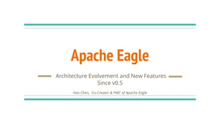 Apache Eagle
Architecture Evolvement and New Features
Since v0.5
Hao Chen, Co-Creator & PMC of Apache Eagle
 
