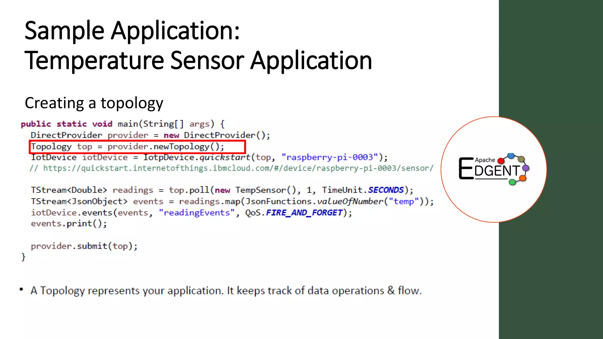 Sample Application:
Temperature Sensor Application
Creating a topology
 