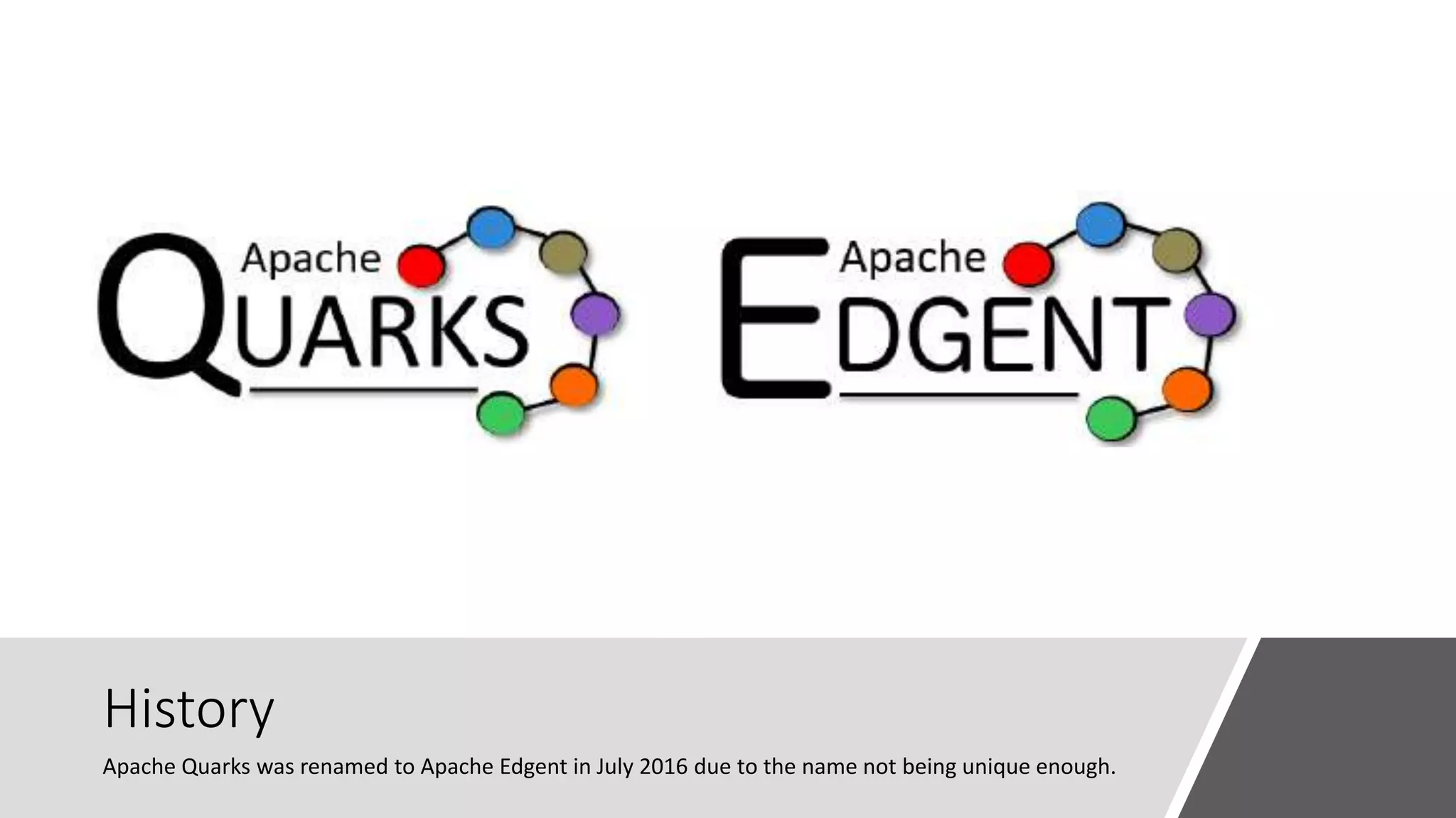 History
Apache Quarks was renamed to Apache Edgent in July 2016 due to the name not being unique enough.
 
