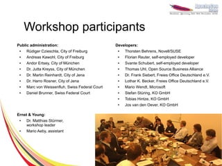 Workshop participants
Public administration:                           Developers:
 ●   Rüdiger Czieschla, City of Freiburg          ●   Thorsten Behrens, Novell/SUSE
 ●   Andreas Kawohl, City of Freiburg             ●   Florian Reuter, self-employed developer
 ●   Andor Ertsey, City of München                ●   Svante Schubert, self-employed developer
 ●   Dr. Jutta Kreyss, City of München            ●   Thomas Uhl, Open Source Business Alliance
 ●   Dr. Martin Reinhardt, City of Jena           ●   Dr. Frank Siebert, Freies Office Deutschland e.V.
 ●   Dr. Harro Rosner, City of Jena               ●   Lothar K. Becker, Freies Office Deutschland e.V.
 ●   Marc von Weissenfluh, Swiss Federal Court    ●   Mario Wendt, Microsoft
 ●   Daniel Brunner, Swiss Federal Court          ●   Stefan Stüring, KO GmbH
                                                  ●   Tobias Hintze, KO GmbH
                                                  ●   Jos van den Oever, KO GmbH

Ernst & Young:
 ●   Dr. Matthias Stürmer,
     workshop leader
 ●   Mario Aeby, assistant
 