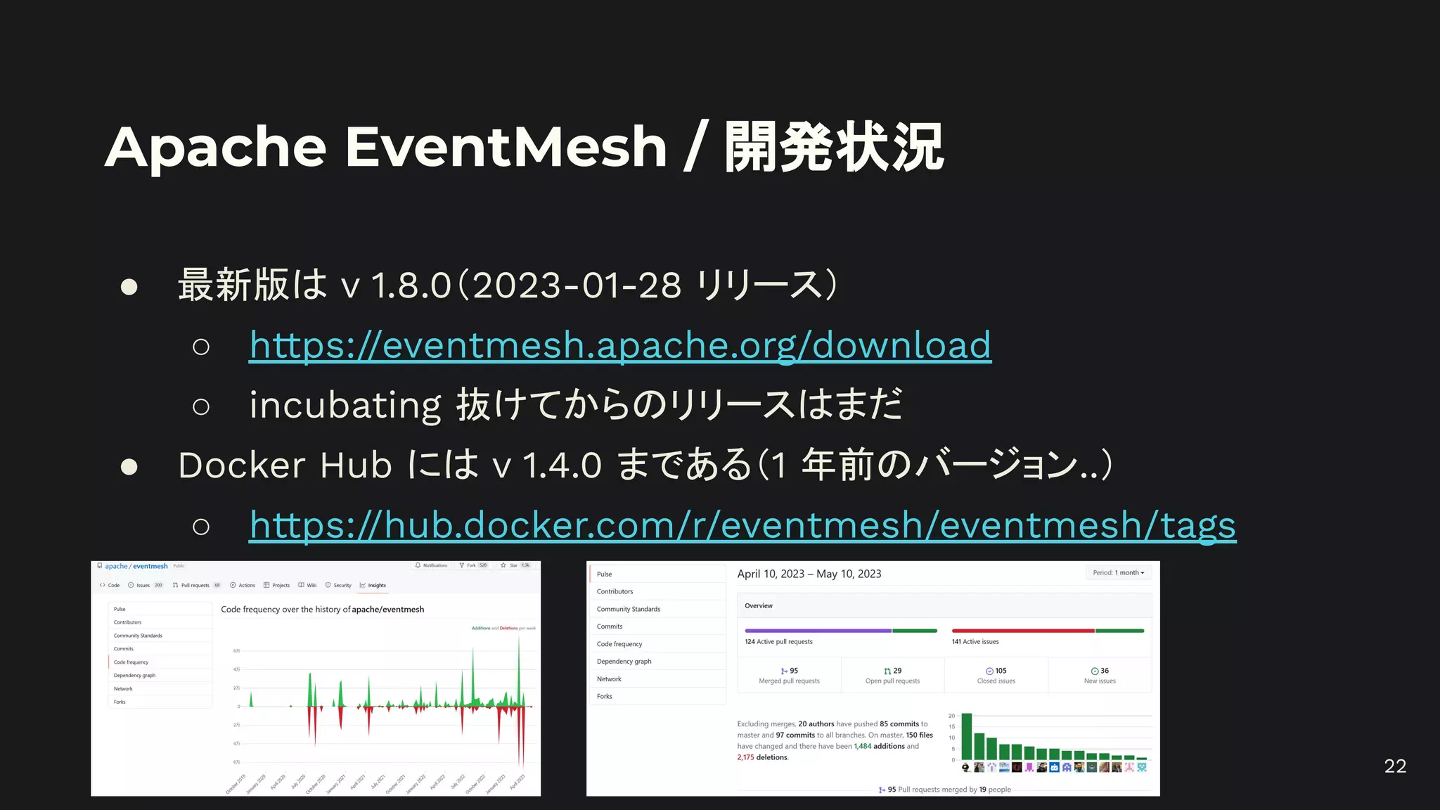 Apache EventMesh / 開発状況
● 最新版は v 1.8.0（2023-01-28 リリース）
○ https://eventmesh.apache.org/download
○ incubating 抜けてからのリリースはまだ
● Docker Hub には v 1.4.0 まである（1 年前のバージョン..）
○ https://hub.docker.com/r/eventmesh/eventmesh/tags
22
 