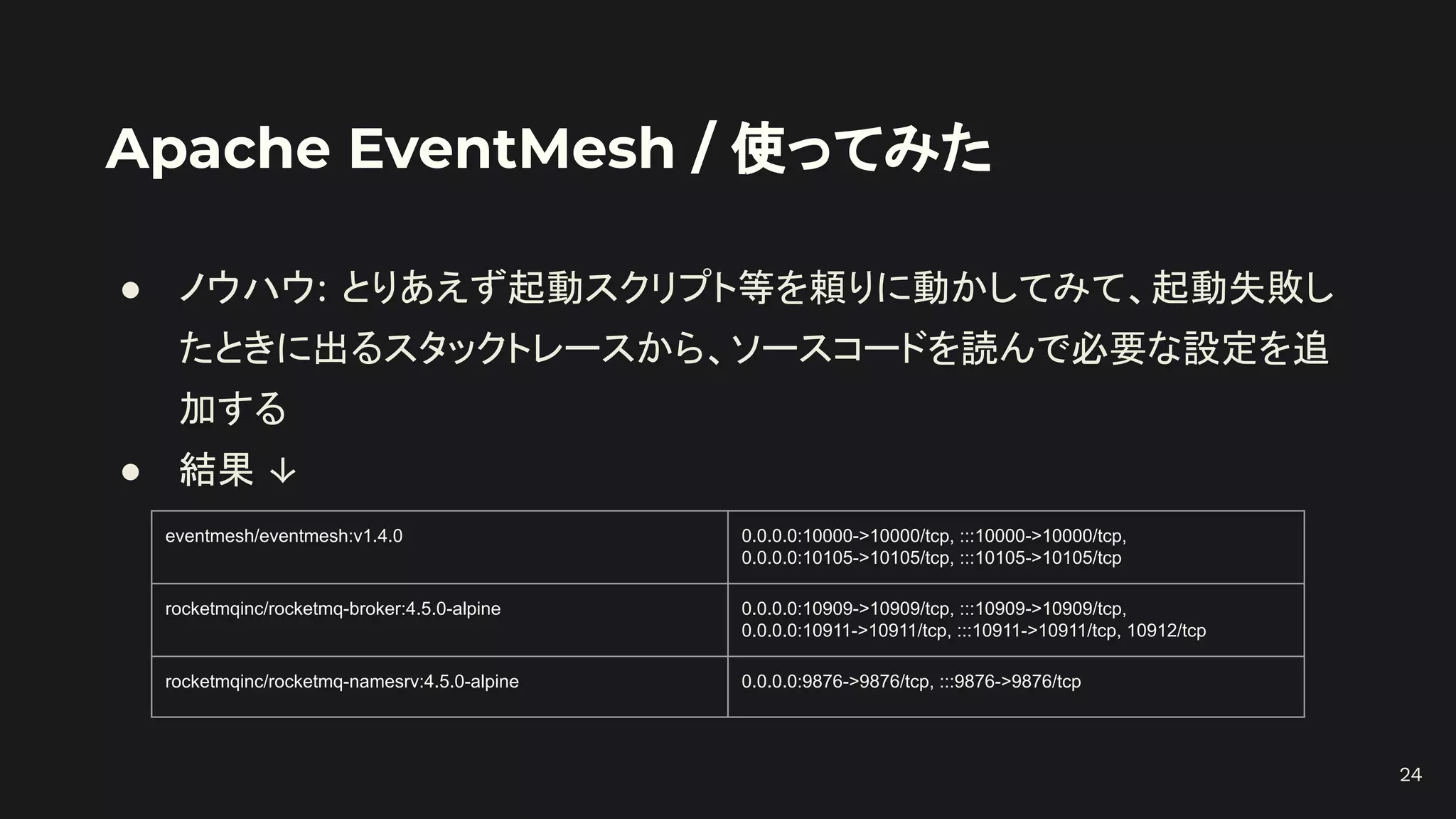 Apache EventMesh / 使ってみた
● ノウハウ: とりあえず起動スクリプト等を頼りに動かしてみて、起動失敗し
たときに出るスタックトレースから、ソースコードを読んで必要な設定を追
加する
● 結果 ↓
eventmesh/eventmesh:v1.4.0 0.0.0.0:10000->10000/tcp, :::10000->10000/tcp,
0.0.0.0:10105->10105/tcp, :::10105->10105/tcp
rocketmqinc/rocketmq-broker:4.5.0-alpine 0.0.0.0:10909->10909/tcp, :::10909->10909/tcp,
0.0.0.0:10911->10911/tcp, :::10911->10911/tcp, 10912/tcp
rocketmqinc/rocketmq-namesrv:4.5.0-alpine 0.0.0.0:9876->9876/tcp, :::9876->9876/tcp
24
 