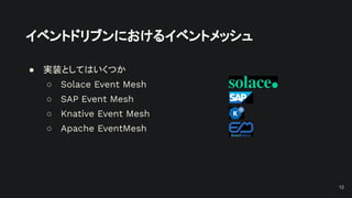 イベントドリブンにおけるイベントメッシュ
● 実装としてはいくつか
○ Solace Event Mesh
○ SAP Event Mesh
○ Knative Event Mesh
○ Apache EventMesh
13
 